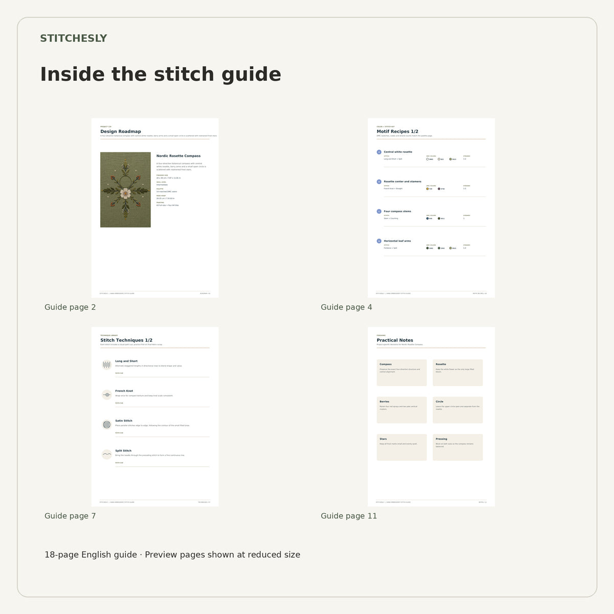 Four reduced-size preview pages from the 18-page Nordic Rosette Compass stitch guide.