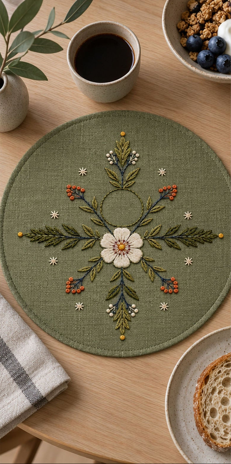 Green embroidery hoop mockup featuring the Nordic Rosette Compass hand embroidery design. A white rosette sits within a four-direction compass of berry arms and small frost stars.