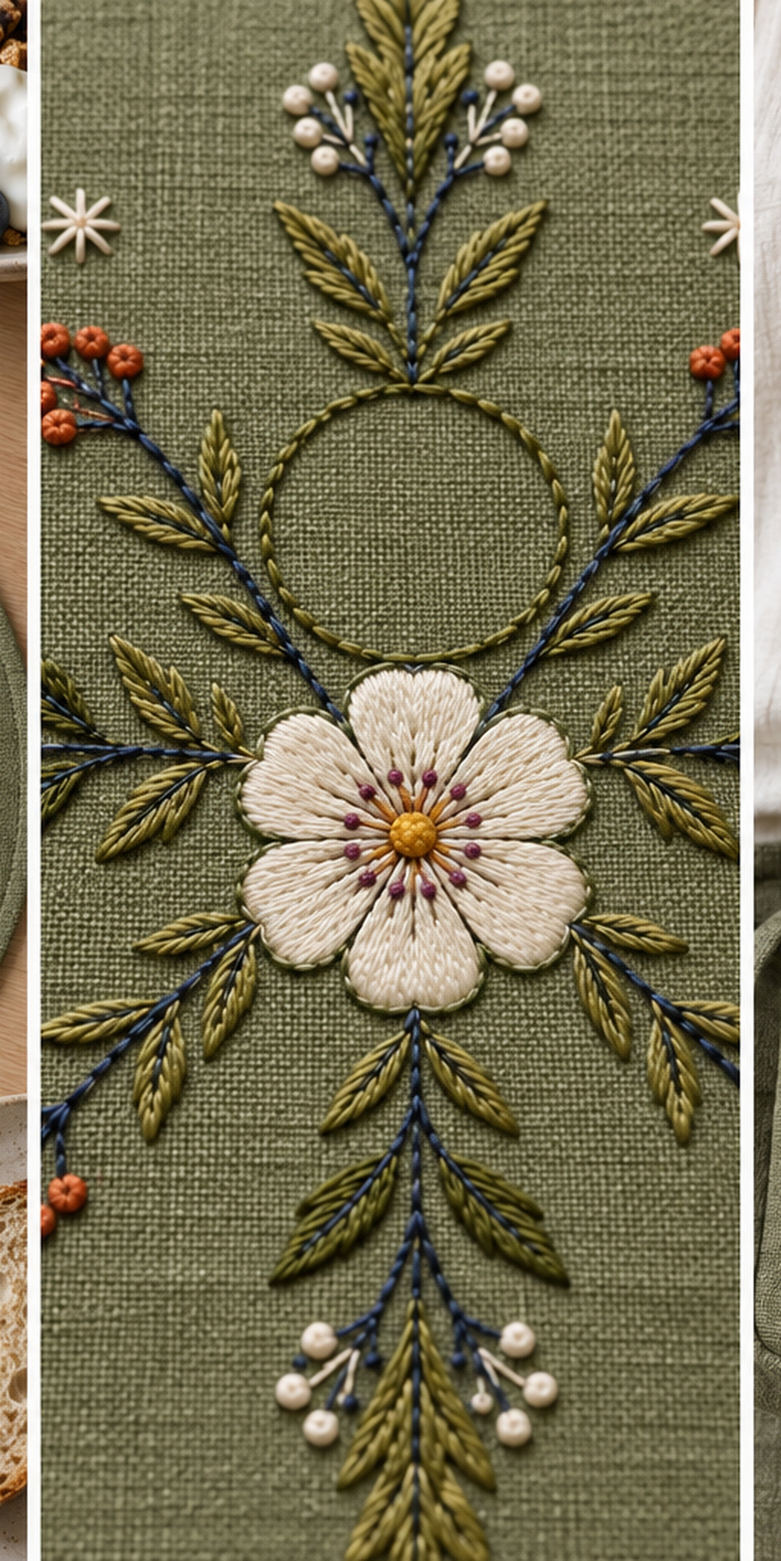 Green textile flat lay mockup featuring the Nordic Rosette Compass hand embroidery design. A white rosette sits within a four-direction compass of berry arms and small frost stars.