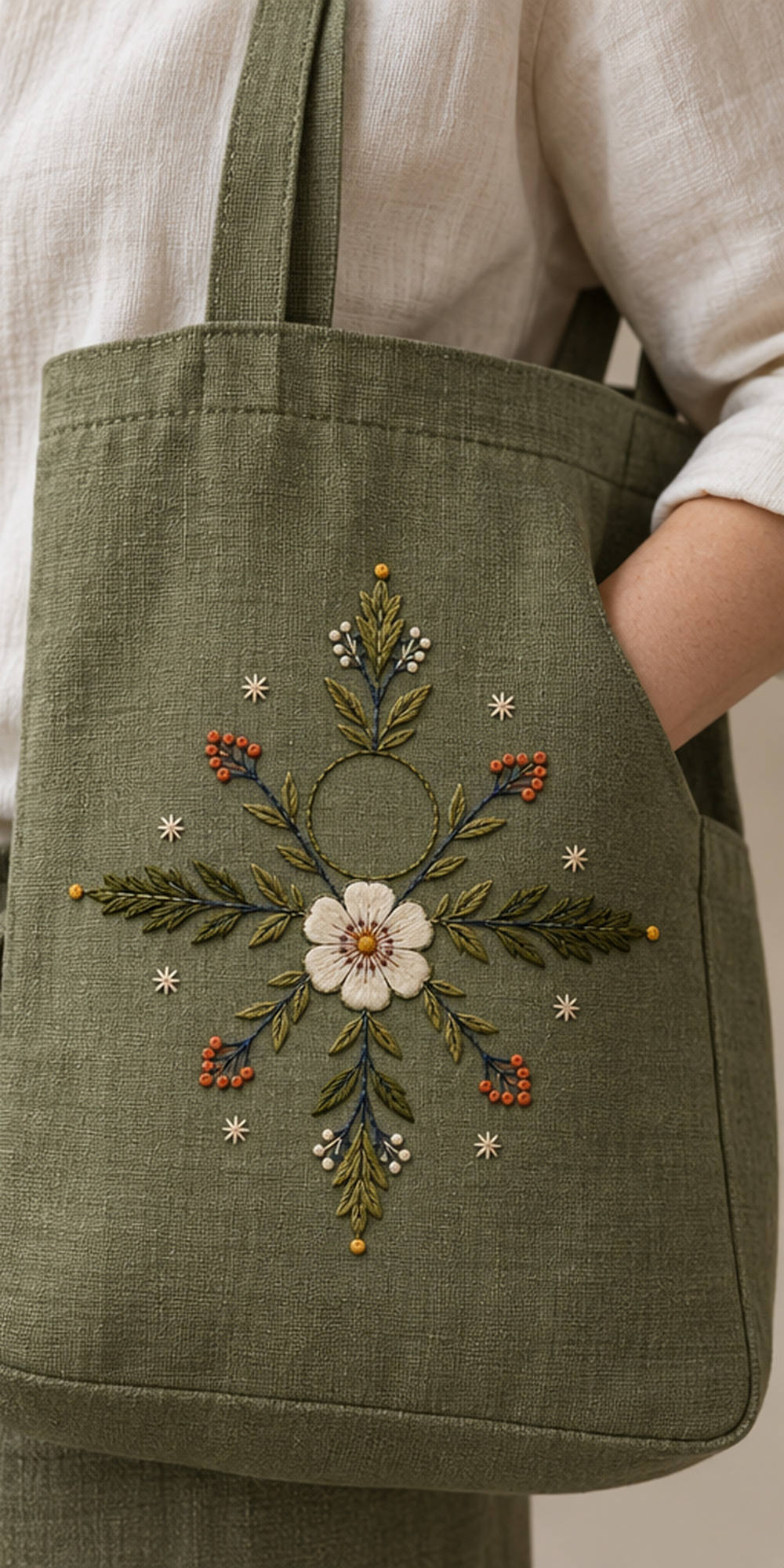 Green linen tote bag mockup featuring the Nordic Rosette Compass hand embroidery design. A white rosette sits within a four-direction compass of berry arms and small frost stars.
