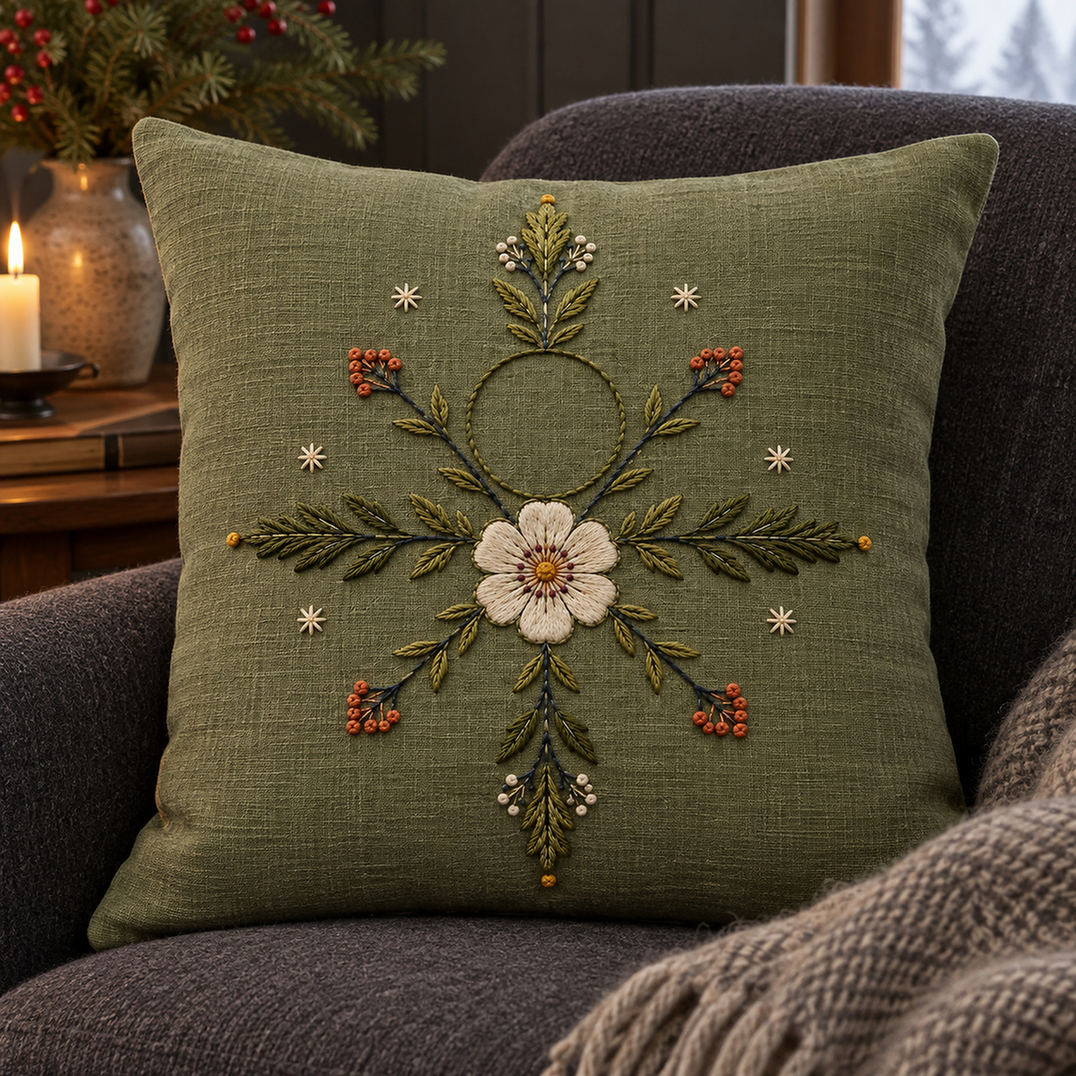 Green linen cushion mockup featuring the Nordic Rosette Compass hand embroidery design. A white rosette sits within a four-direction compass of berry arms and small frost stars.