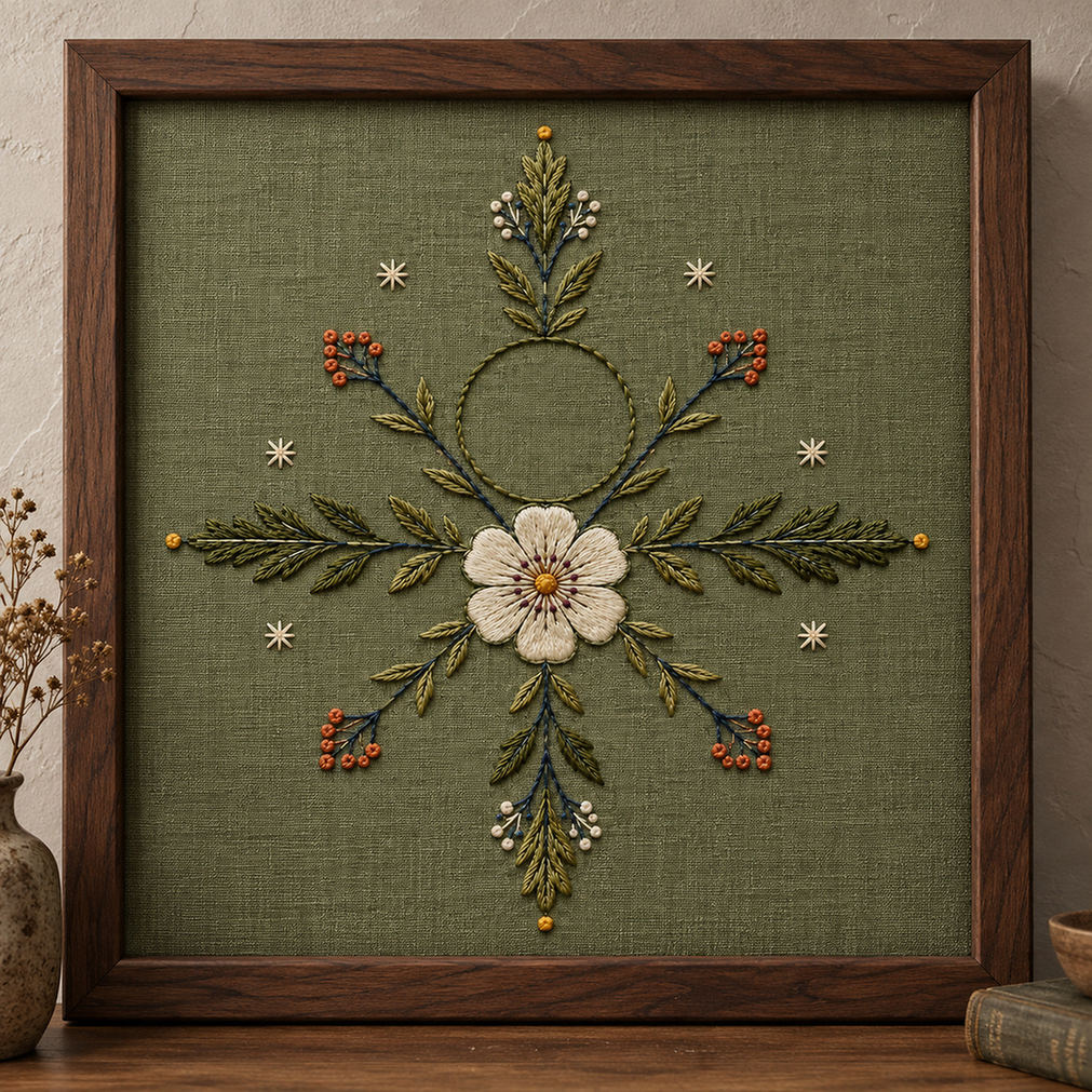 Framed green textile mockup featuring the Nordic Rosette Compass hand embroidery design. A white rosette sits within a four-direction compass of berry arms and small frost stars.