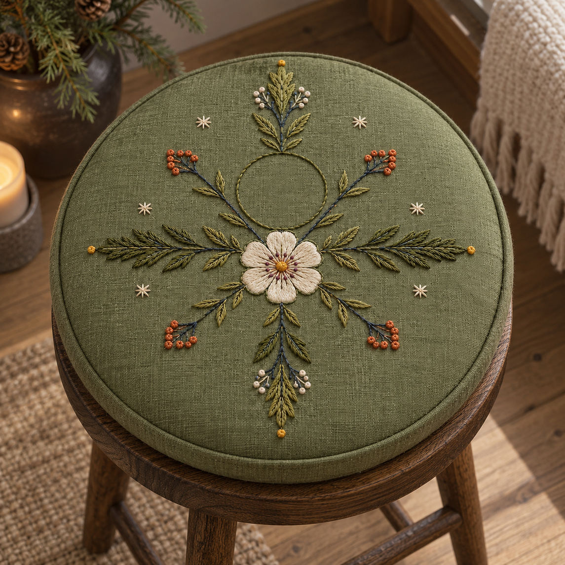 Green embroidery hoop mockup featuring the Nordic Rosette Compass hand embroidery design. A white rosette sits within a four-direction compass of berry arms and small frost stars.