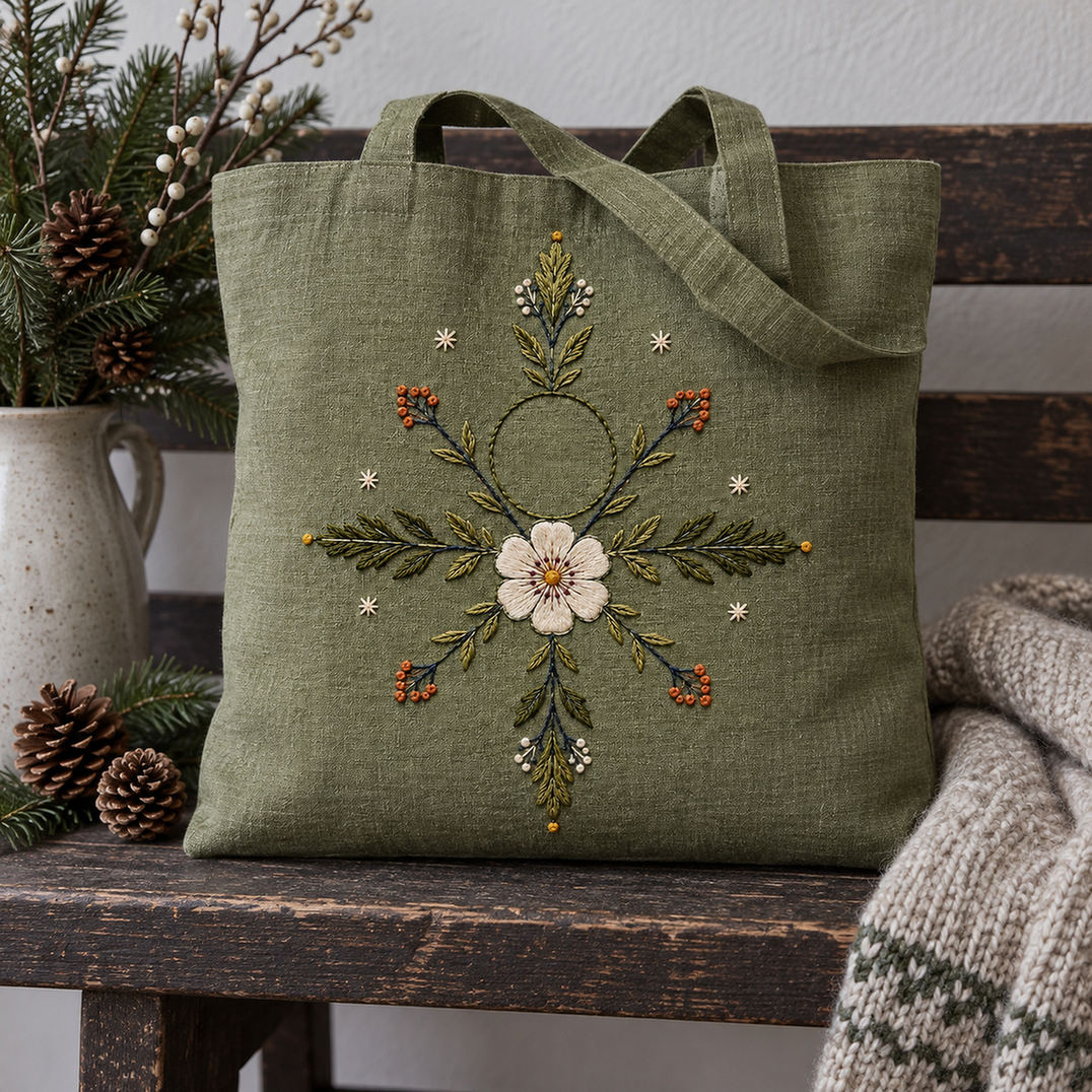 Green linen tote bag mockup featuring the Nordic Rosette Compass hand embroidery design. A white rosette sits within a four-direction compass of berry arms and small frost stars.