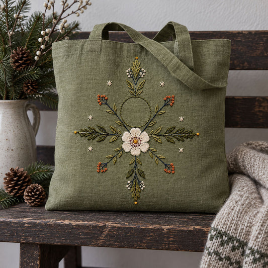 Green linen tote bag mockup featuring the Nordic Rosette Compass hand embroidery design. A white rosette sits within a four-direction compass of berry arms and small frost stars.