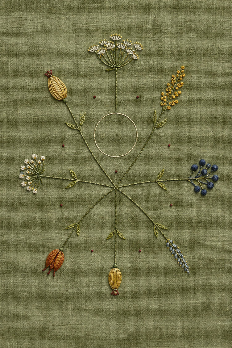 Illustrative embroidery design: Different seed-bearing stems radiate around a clear circle in Nordic Star Seedheads.