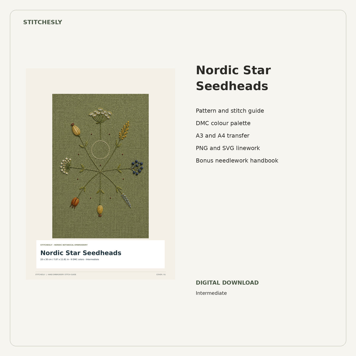 Nordic Star Seedheads PDF stitch guide cover, pattern files and bonus needlework handbook.