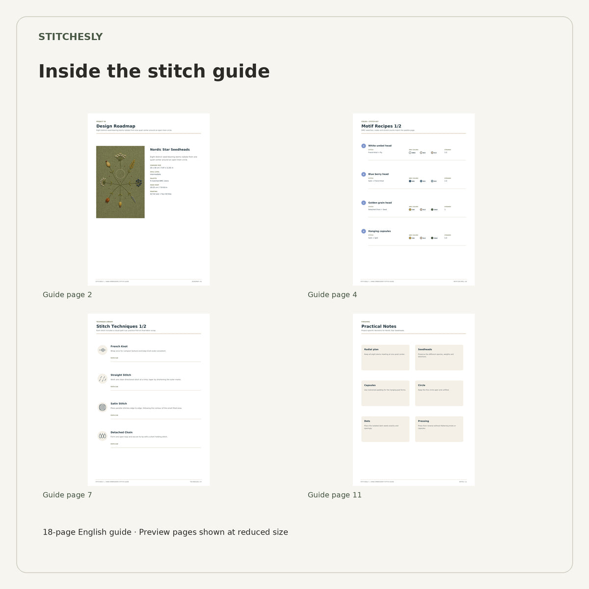 Four reduced-size preview pages from the 18-page Nordic Star Seedheads stitch guide.