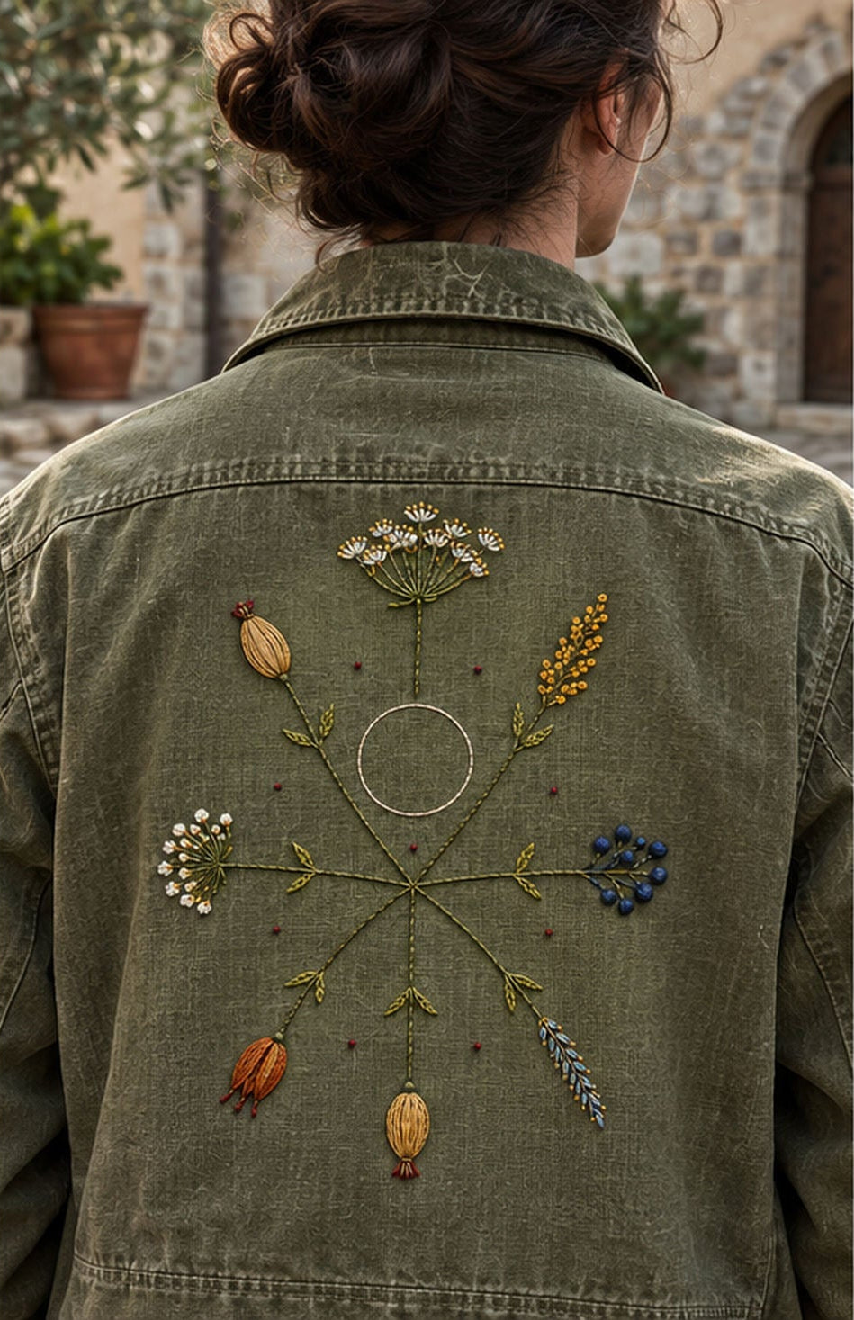 Green linen jacket mockup featuring the Nordic Star Seedheads hand embroidery design. Different seed-bearing stems radiate around a clear circle in Nordic Star Seedheads.
