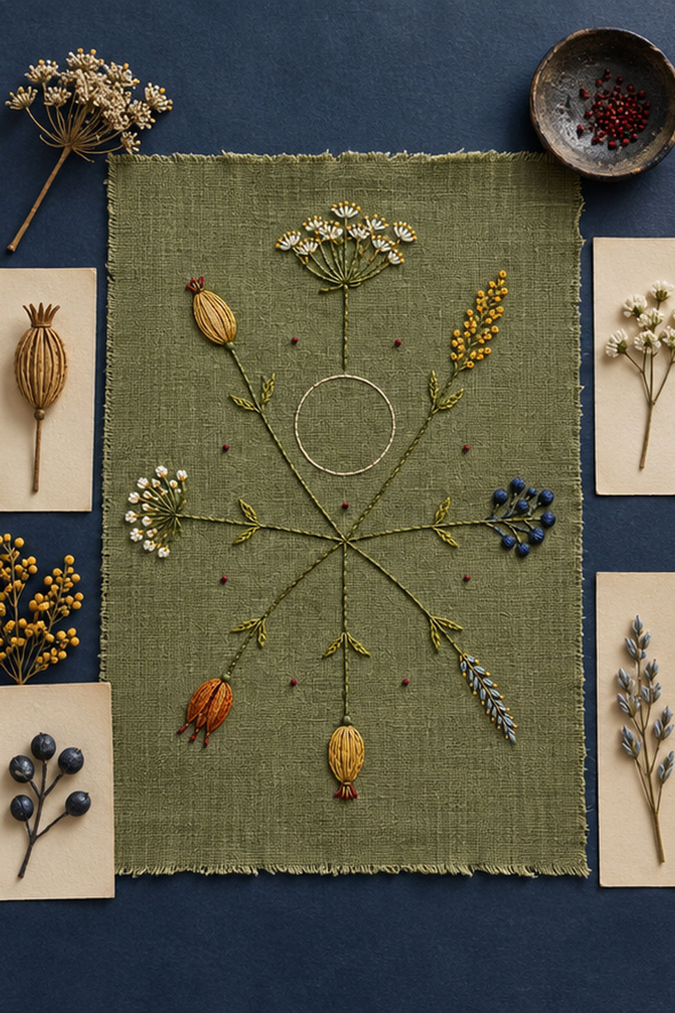 Green textile flat lay mockup featuring the Nordic Star Seedheads hand embroidery design. Different seed-bearing stems radiate around a clear circle in Nordic Star Seedheads.