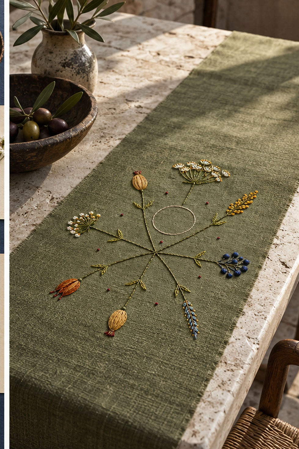 Linen table runner mockup featuring the Nordic Star Seedheads hand embroidery design. Different seed-bearing stems radiate around a clear circle in Nordic Star Seedheads.