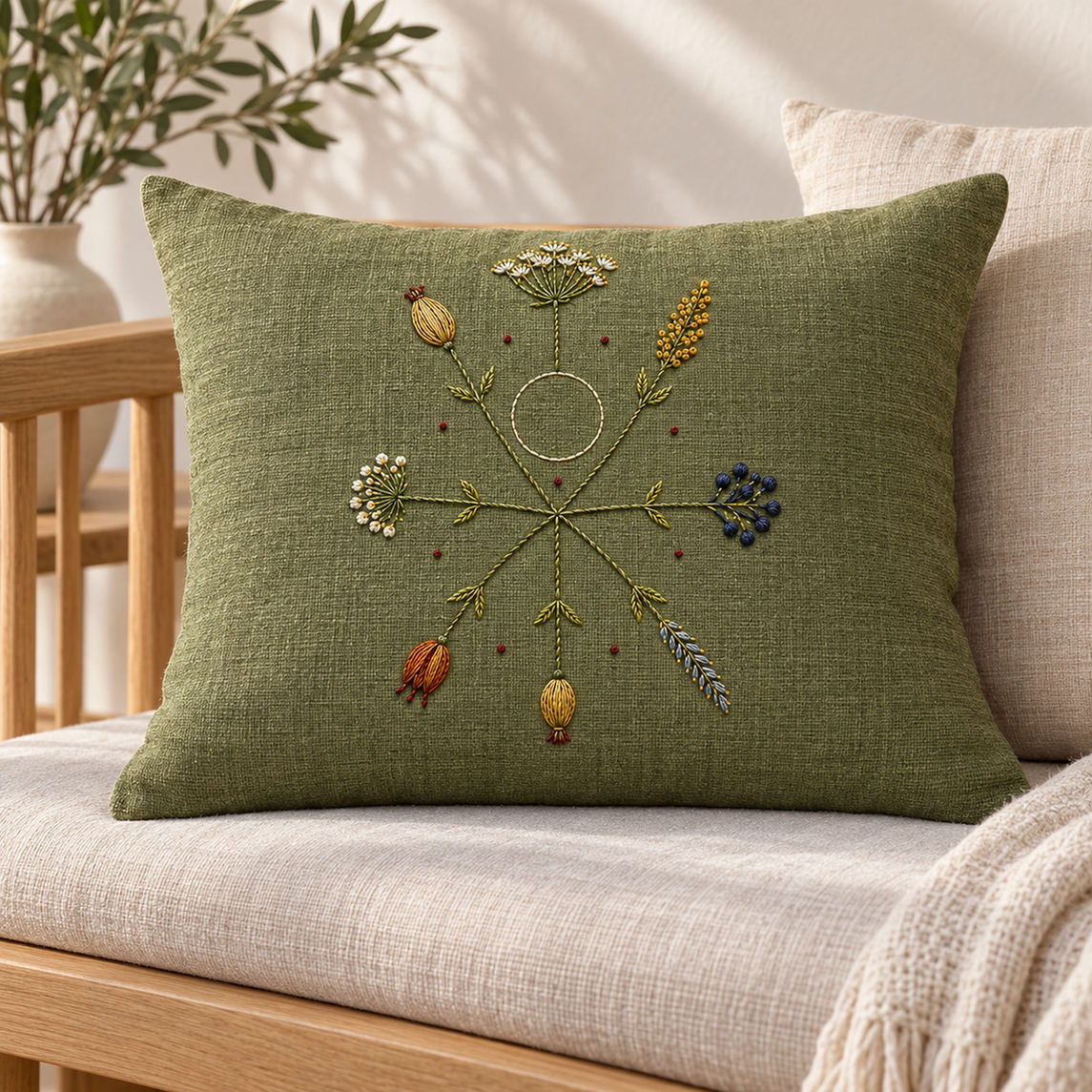 Long green linen cushion mockup featuring the Nordic Star Seedheads hand embroidery design. Different seed-bearing stems radiate around a clear circle in Nordic Star Seedheads.
