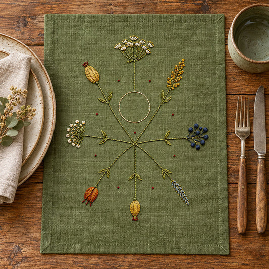 Green linen notebook cover mockup featuring the Nordic Star Seedheads hand embroidery design. Different seed-bearing stems radiate around a clear circle in Nordic Star Seedheads.