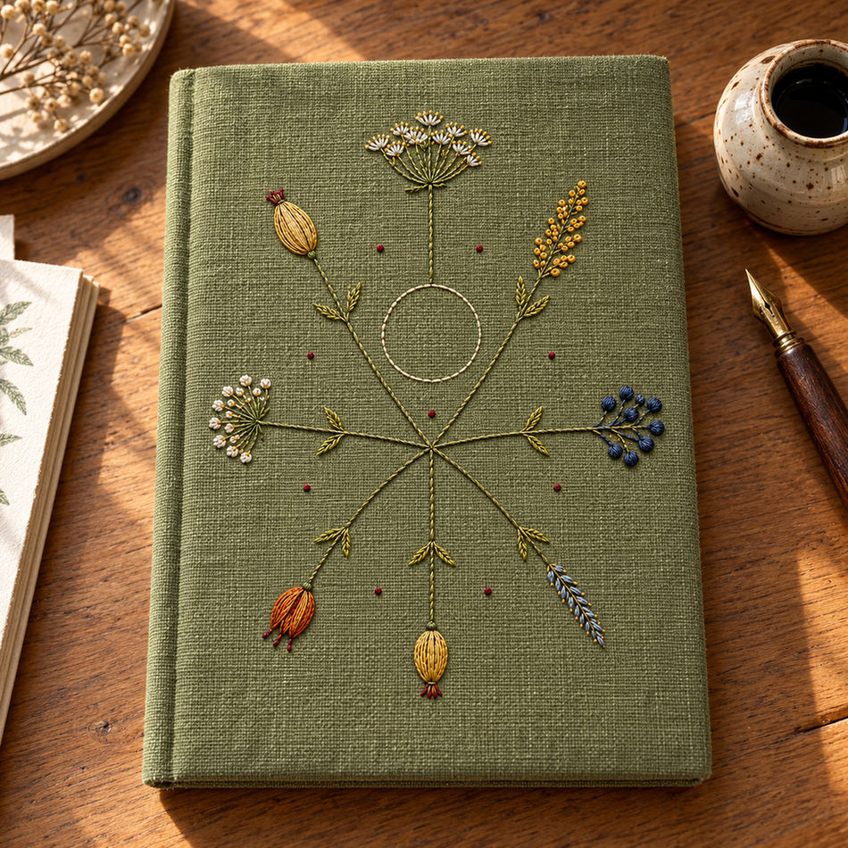 Linen laid on a table mockup featuring the Nordic Star Seedheads hand embroidery design. Different seed-bearing stems radiate around a clear circle in Nordic Star Seedheads.