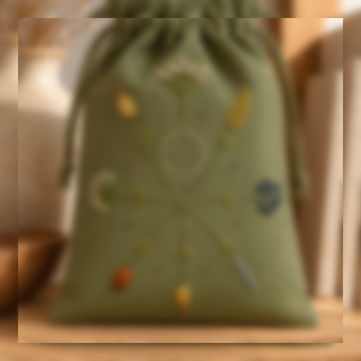 Green drawstring bag mockup featuring the Nordic Star Seedheads hand embroidery design. Different seed-bearing stems radiate around a clear circle in Nordic Star Seedheads.