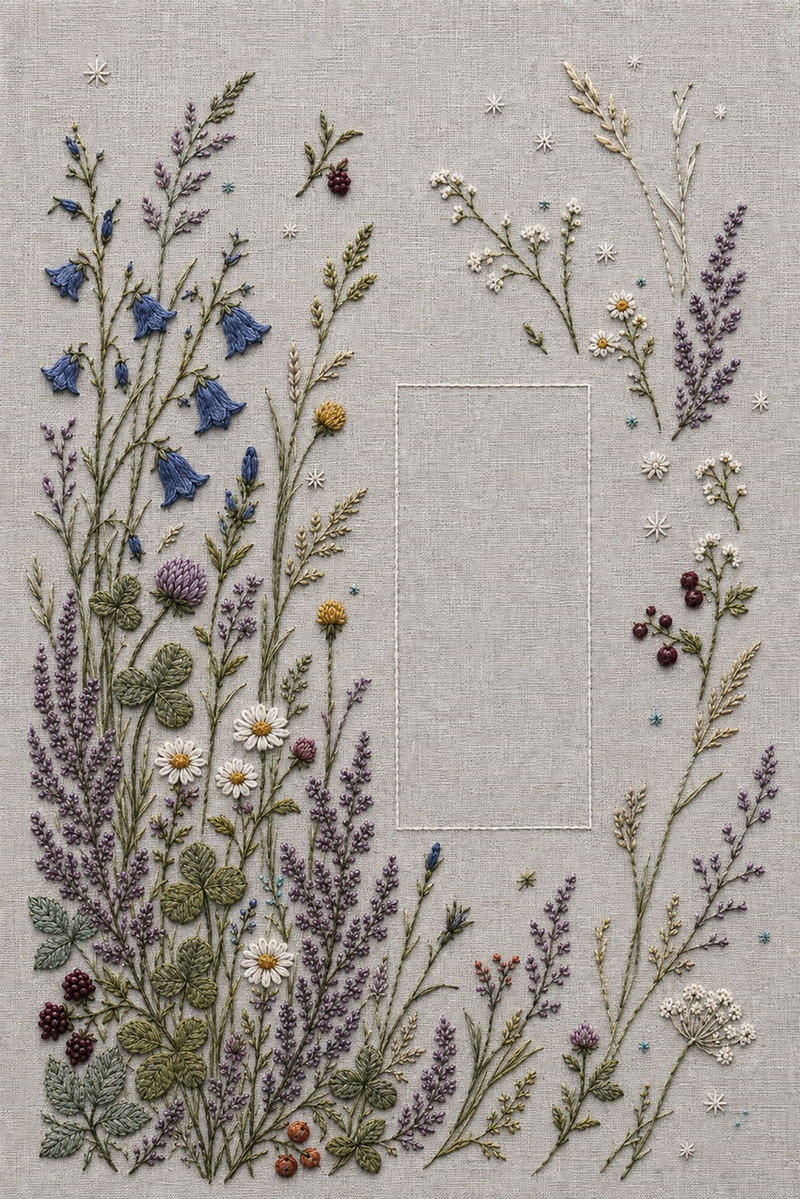 Illustrative embroidery design: A denser meadow occupies the left and lower areas around a clear rectangle.