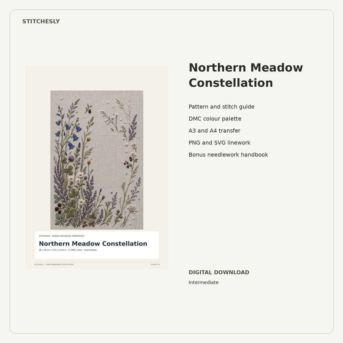 Northern Meadow Constellation PDF stitch guide cover, pattern files and bonus needlework handbook.