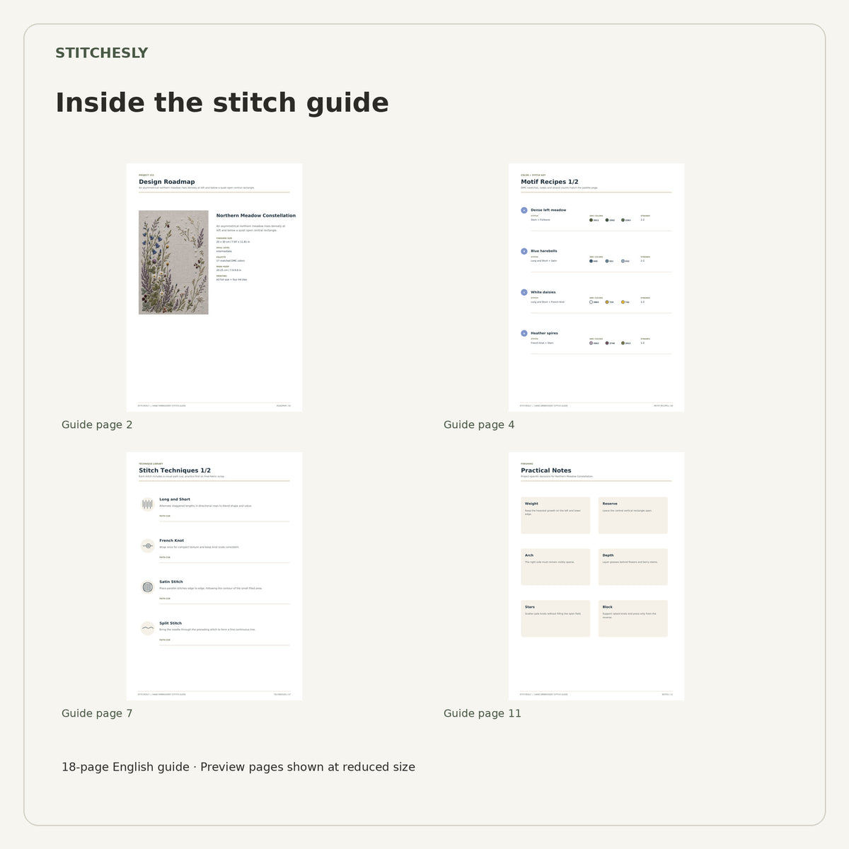 Four reduced-size preview pages from the 18-page Northern Meadow Constellation stitch guide.