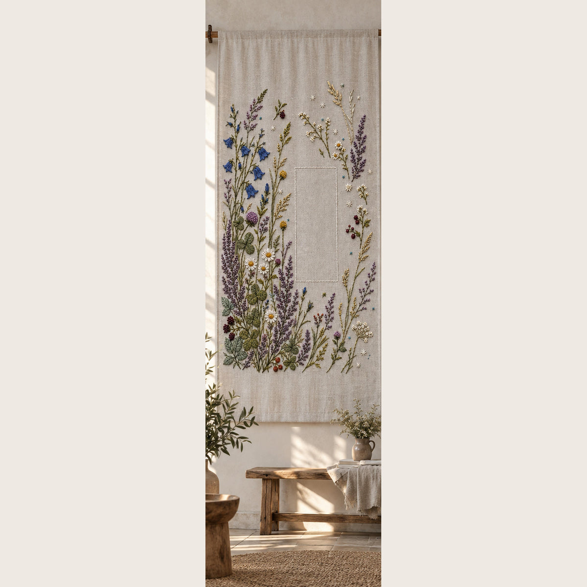Hanging meadow panel mockup featuring the Northern Meadow Constellation hand embroidery design. A denser meadow occupies the left and lower areas around a clear rectangle.