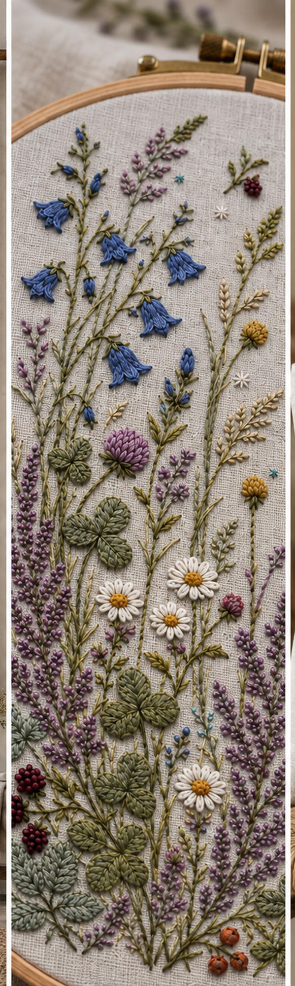 Meadow textile close view mockup featuring the Northern Meadow Constellation hand embroidery design. A denser meadow occupies the left and lower areas around a clear rectangle.