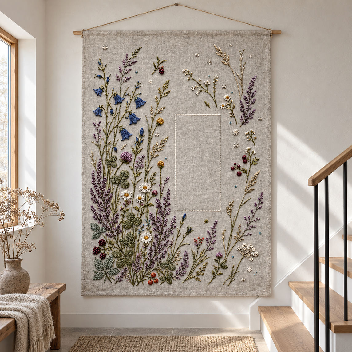Hanging botanical panel mockup featuring the Northern Meadow Constellation hand embroidery design. A denser meadow occupies the left and lower areas around a clear rectangle.