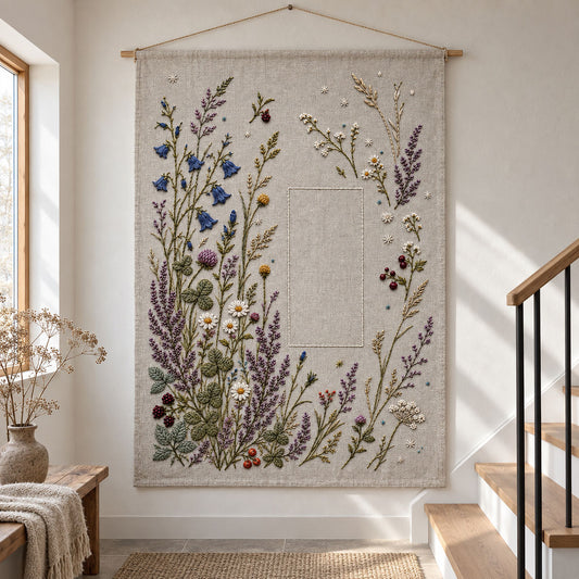 Hanging botanical panel mockup featuring the Northern Meadow Constellation hand embroidery design. A denser meadow occupies the left and lower areas around a clear rectangle.