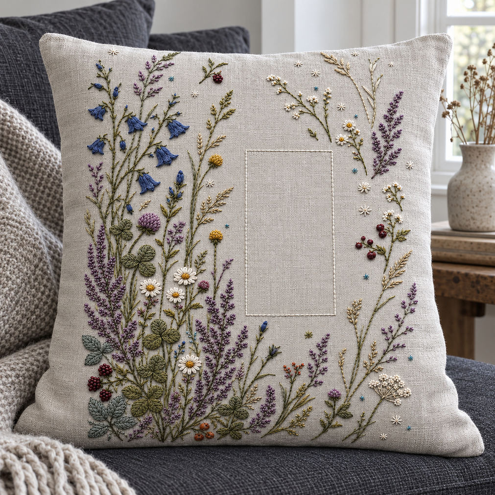 Linen cushion mockup featuring the Northern Meadow Constellation hand embroidery design. A denser meadow occupies the left and lower areas around a clear rectangle.