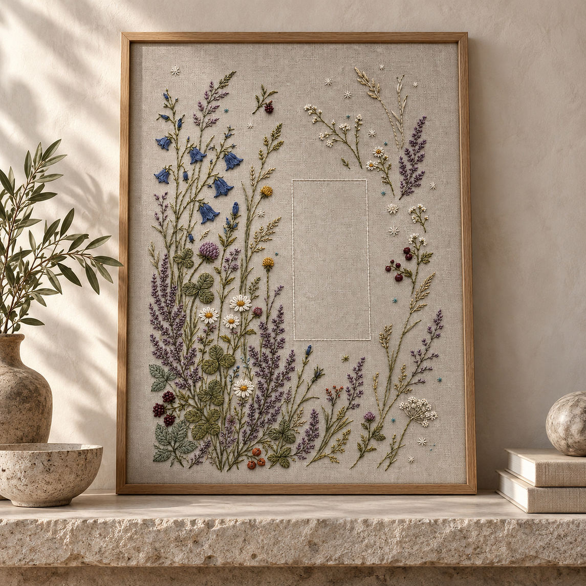 Framed botanical textile mockup featuring the Northern Meadow Constellation hand embroidery design. A denser meadow occupies the left and lower areas around a clear rectangle.