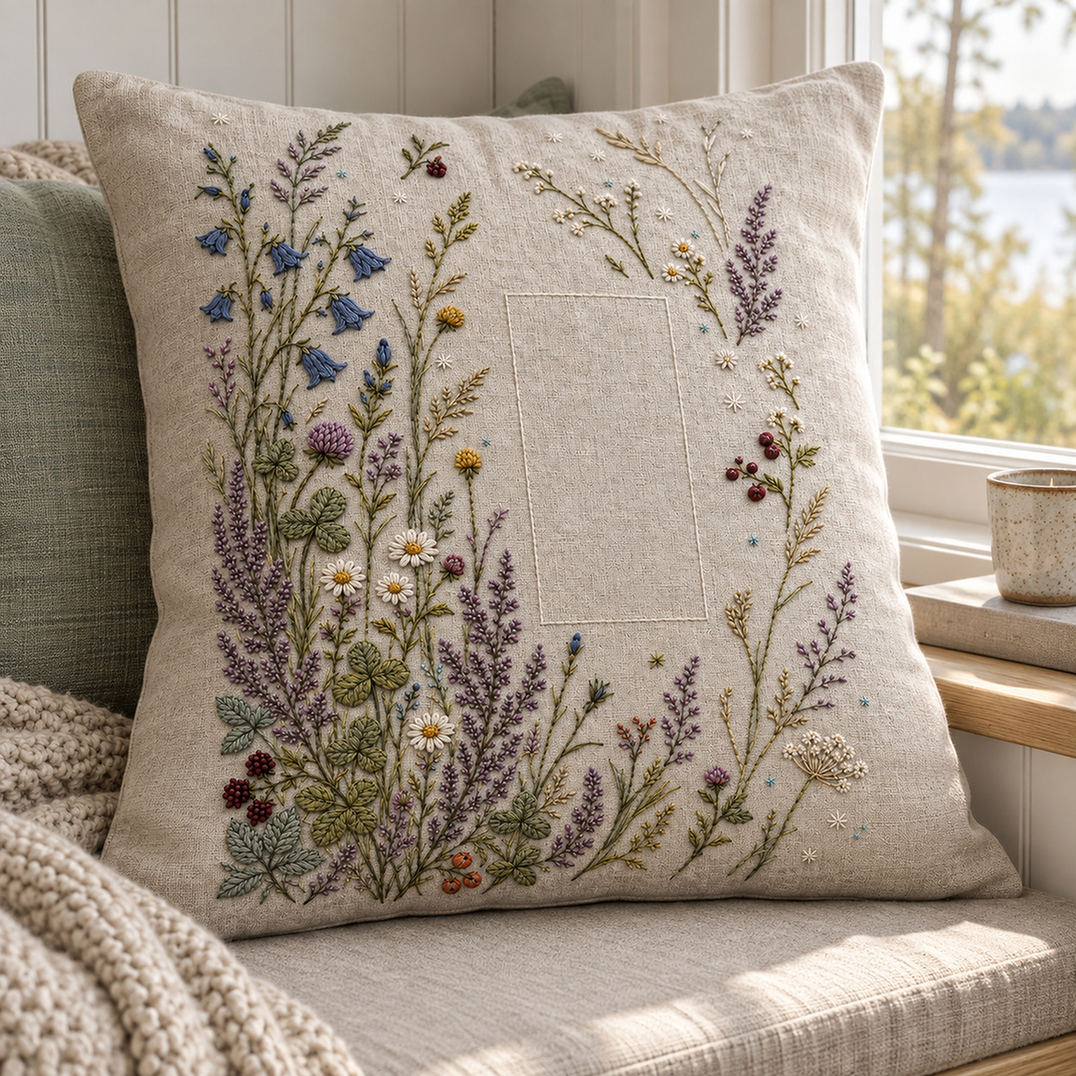 Linen tote bag mockup featuring the Northern Meadow Constellation hand embroidery design. A denser meadow occupies the left and lower areas around a clear rectangle.