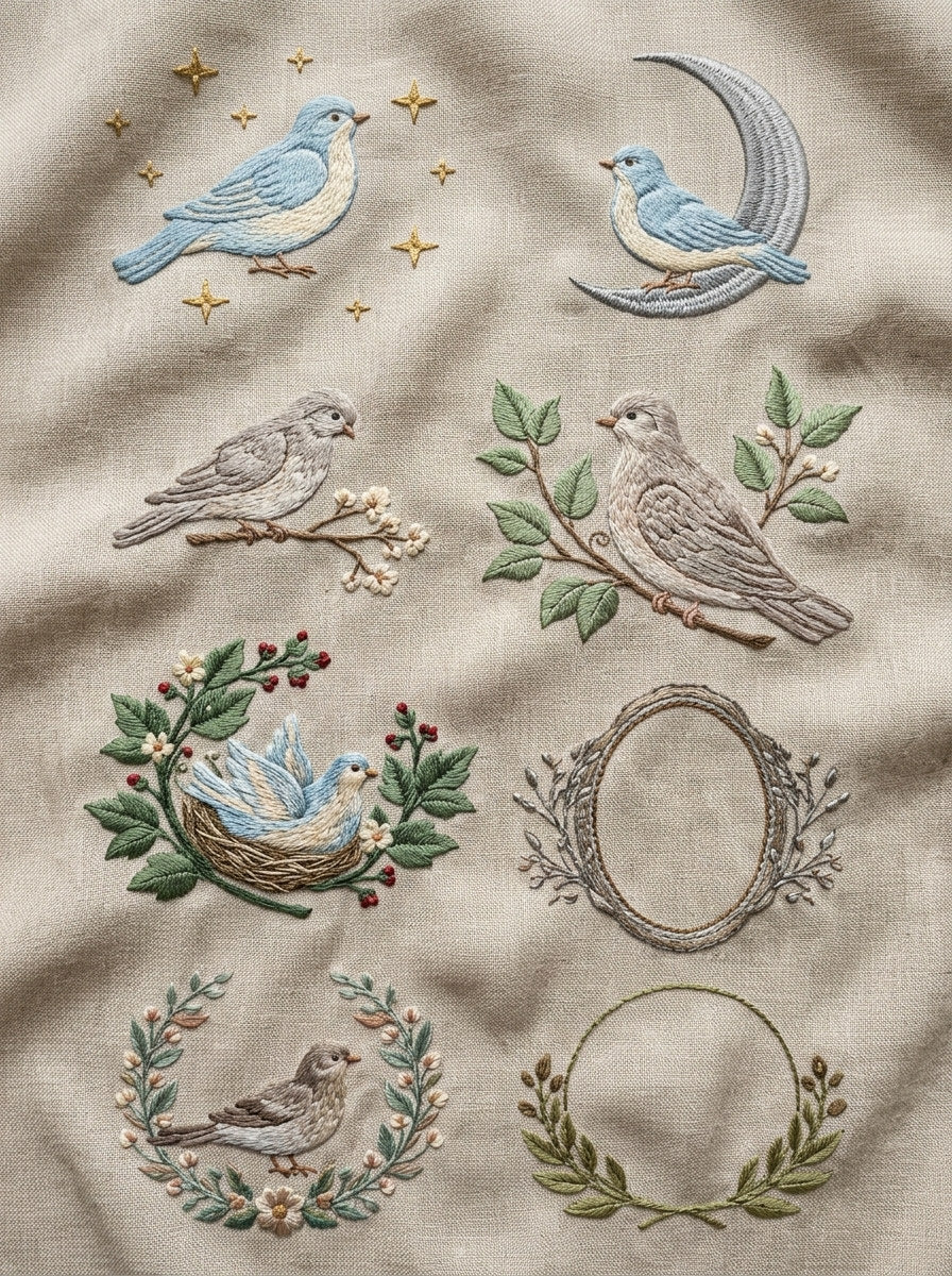 Nursery Bird Library Plate Birds from Birds Embroidery Book 2, a digital embroidery design reference for machine embroidery designs, embroidery patterns and baby and keepsake embroidery.