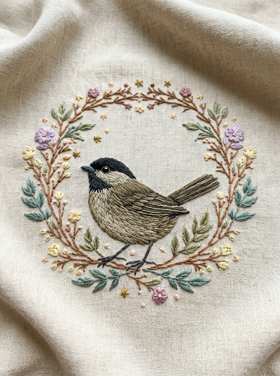 Nursery Bird Wreath Birds Embroidery from Birds Embroidery Book 4, a digital embroidery design reference for machine embroidery designs, embroidery patterns and frames and monogram spaces.