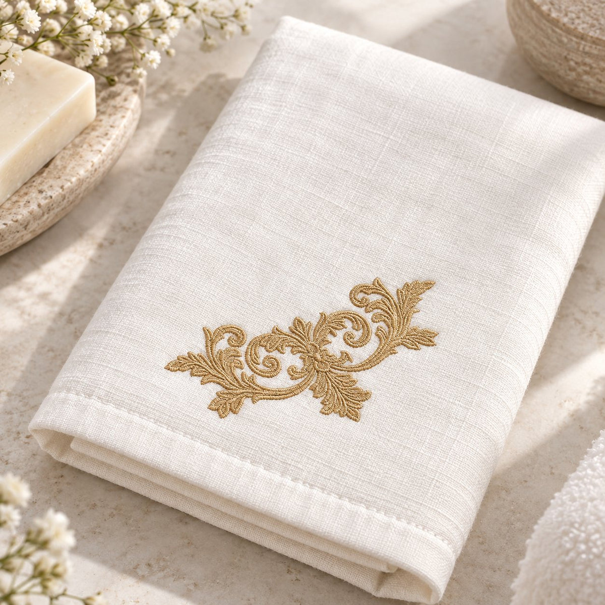 Single-color old-gold floral scroll machine embroidery on a folded warm white guest towel