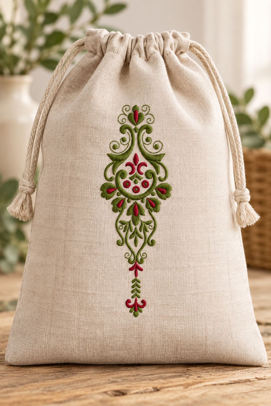 Photorealistic pendant floral scroll machine embroidery in deep olive and muted burgundy thread on a roomy linen project bag, shown as one fabric-stitched motif