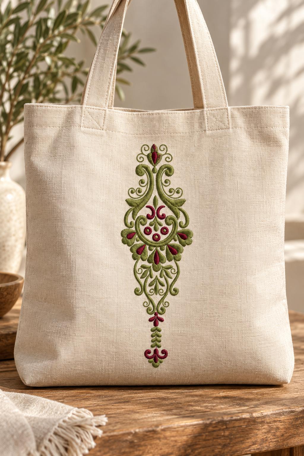 Photorealistic pendant floral scroll machine embroidery in deep olive and muted burgundy thread on a large linen tote, shown as one fabric-stitched motif
