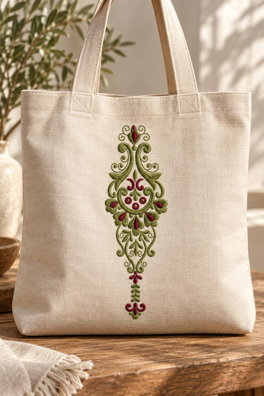 Photorealistic pendant floral scroll machine embroidery in deep olive and muted burgundy thread on a large linen tote, shown as one fabric-stitched motif