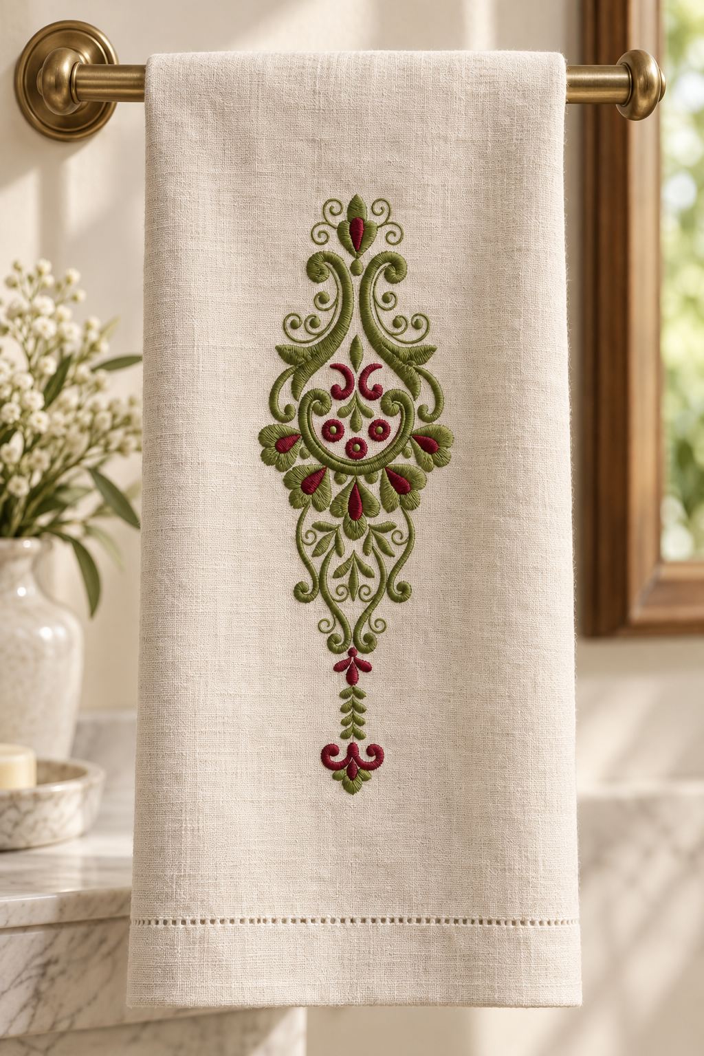 Photorealistic pendant floral scroll machine embroidery in deep olive and muted burgundy thread on a long linen guest towel, shown as one fabric-stitched motif