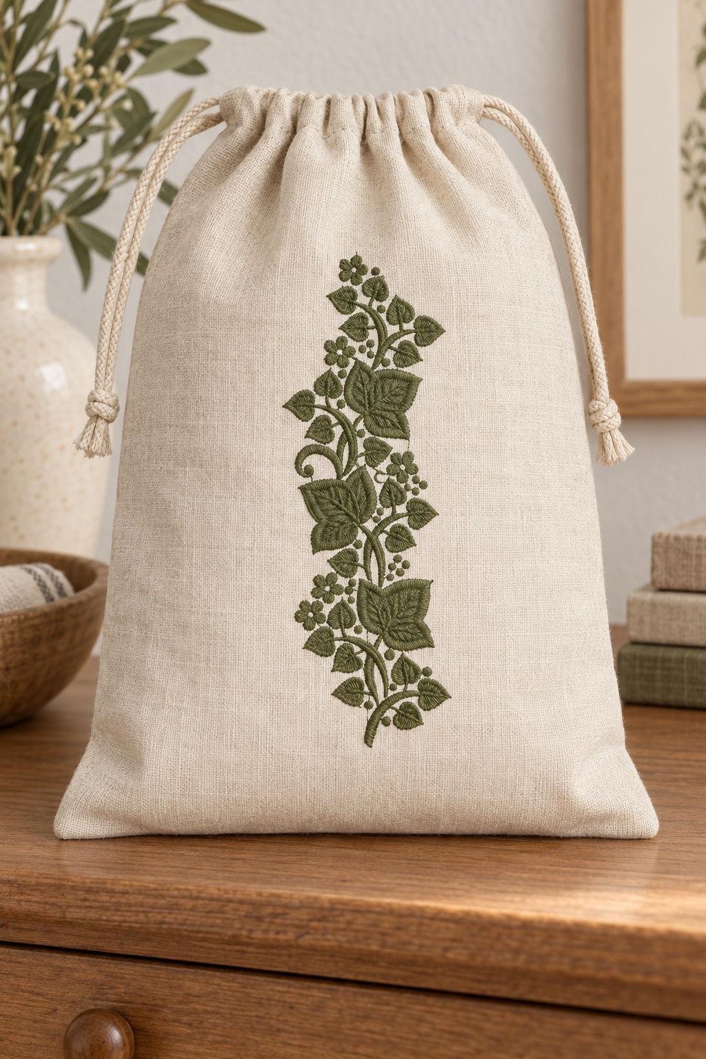 Linen drawstring pouch with a single deep muted olive green machine-embroidered ivy leaf and blossom sprig motif on natural ivory linen.