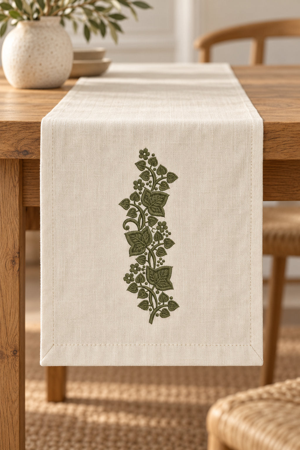 Linen table runner with a single deep muted olive green machine-embroidered ivy leaf and blossom sprig motif on natural ivory linen.