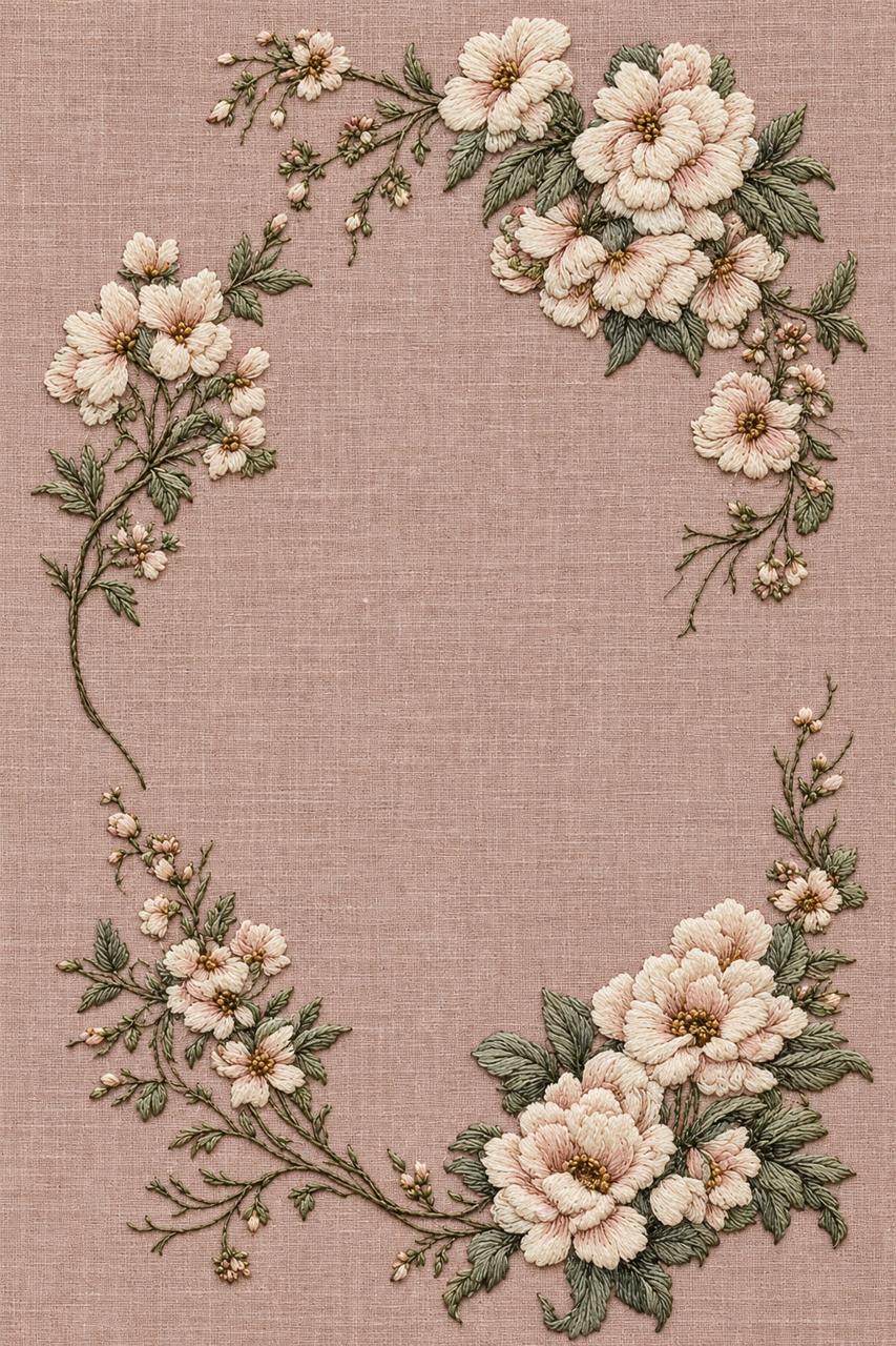 Digital embroidery visualization of an open ivory floral frame with grey-green foliage on dusty rose linen.