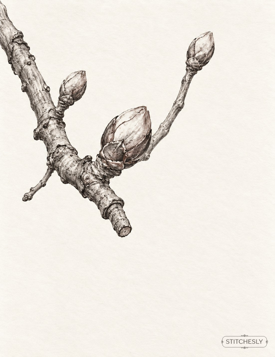 The Orchard Between Stitches, Study 01, Three Buds Before Bloom: botanical drawing with the complete branch composition.