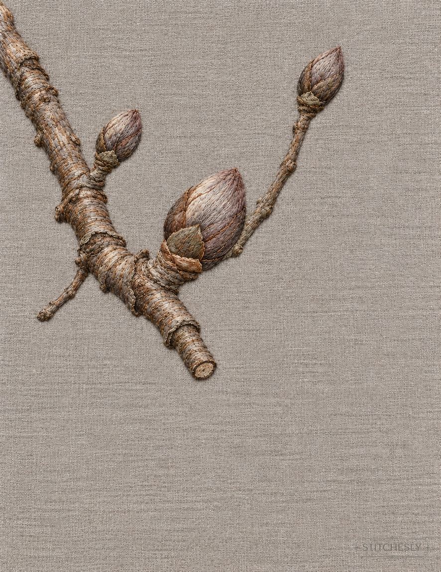 The Orchard Between Stitches, Study 01, Three Buds Before Bloom: illustrated embroidery interpretation showing thread texture, stitch direction and the matching botanical composition.
