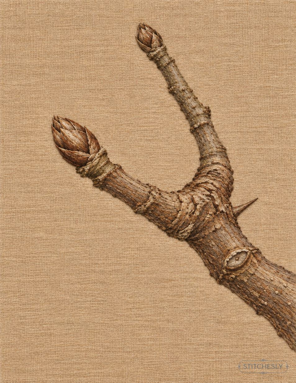 The Orchard Between Stitches, Study 05, The Knuckled Elbow: illustrated embroidery interpretation showing thread texture, stitch direction and the matching botanical composition.