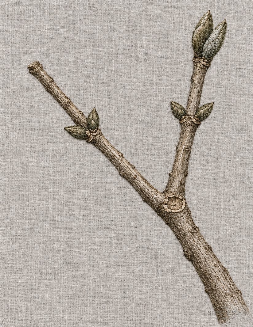 The Orchard Between Stitches, Study 08, Folded at the Tip: illustrated embroidery interpretation showing thread texture, stitch direction and the matching botanical composition.