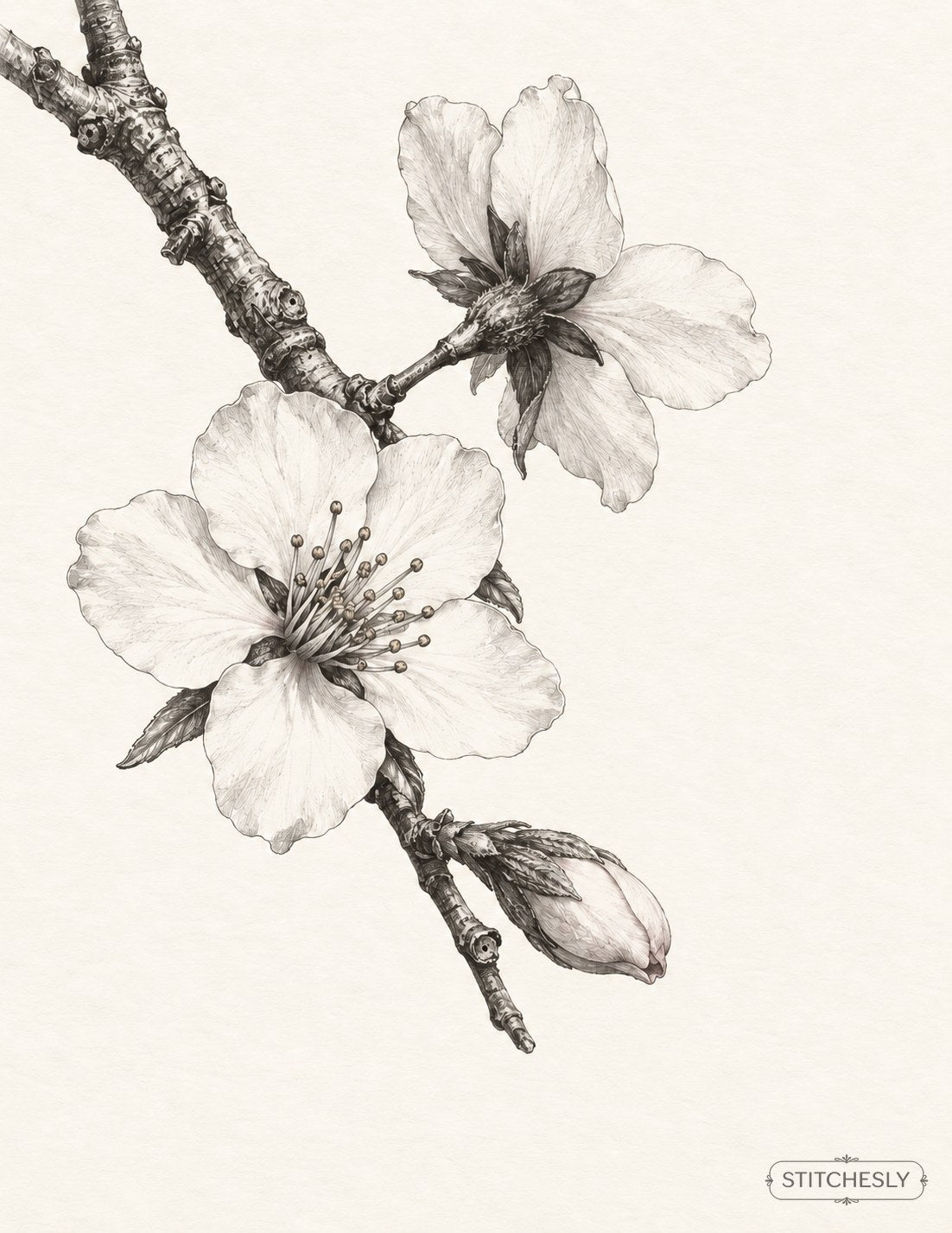 The Orchard Between Stitches, Study 12, The Blossom Turning Away: botanical drawing with the complete branch composition.