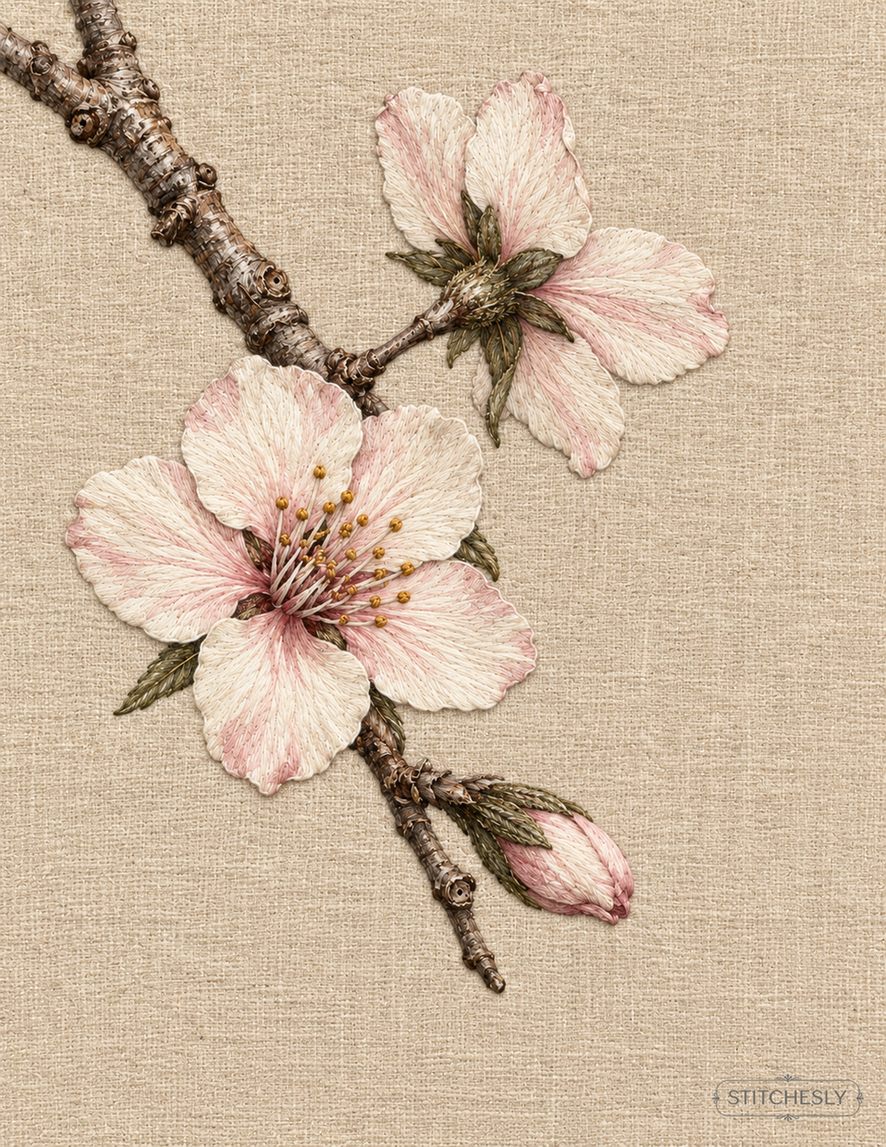 The Orchard Between Stitches, Study 12, The Blossom Turning Away: illustrated embroidery interpretation showing thread texture, stitch direction and the matching botanical composition.