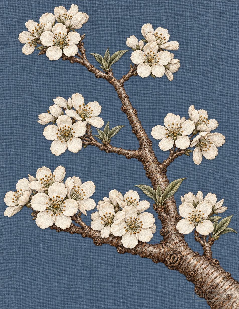 The Orchard Between Stitches, Study 21, Seven Groups on Old Wood: illustrated embroidery interpretation showing thread texture, stitch direction and the matching botanical composition.