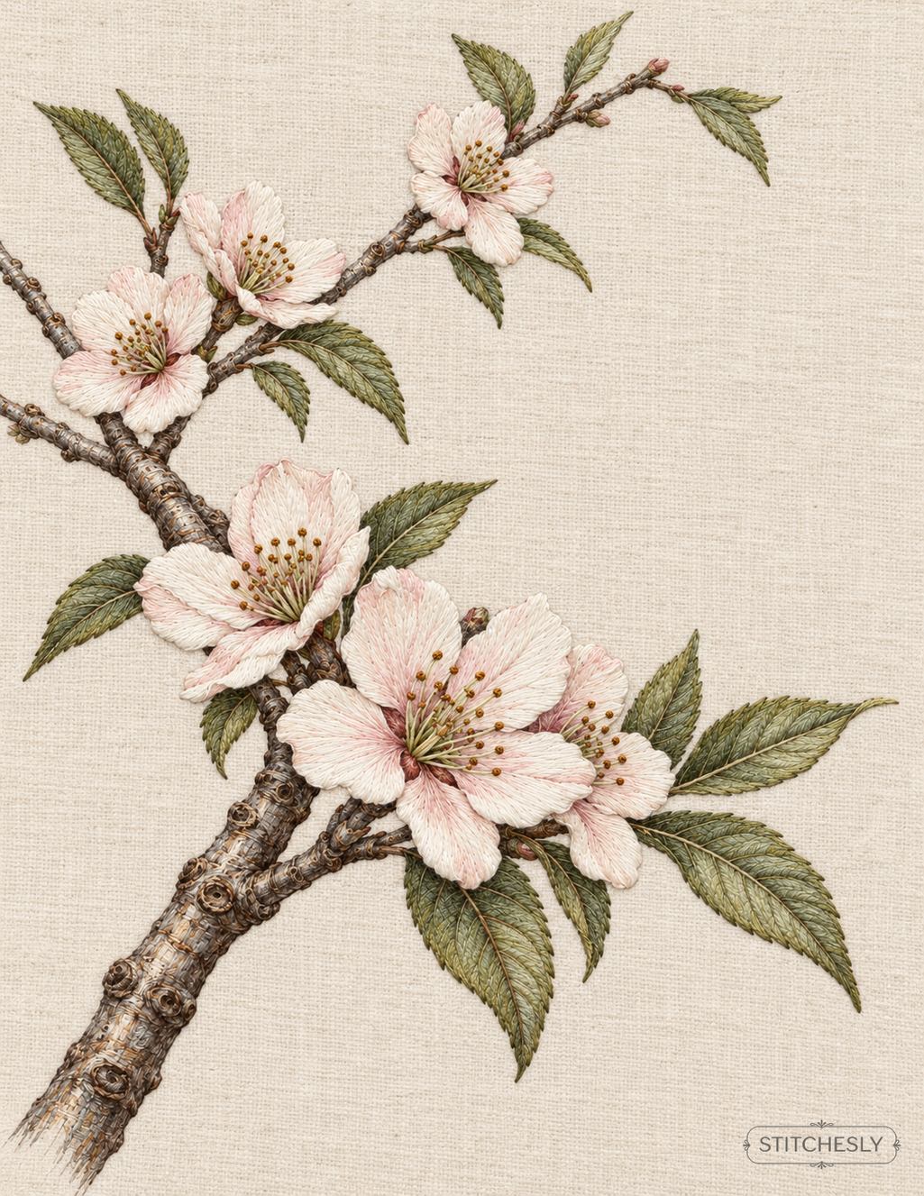 The Orchard Between Stitches, Study 23, Across Two Branch Planes: illustrated embroidery interpretation showing thread texture, stitch direction and the matching botanical composition.