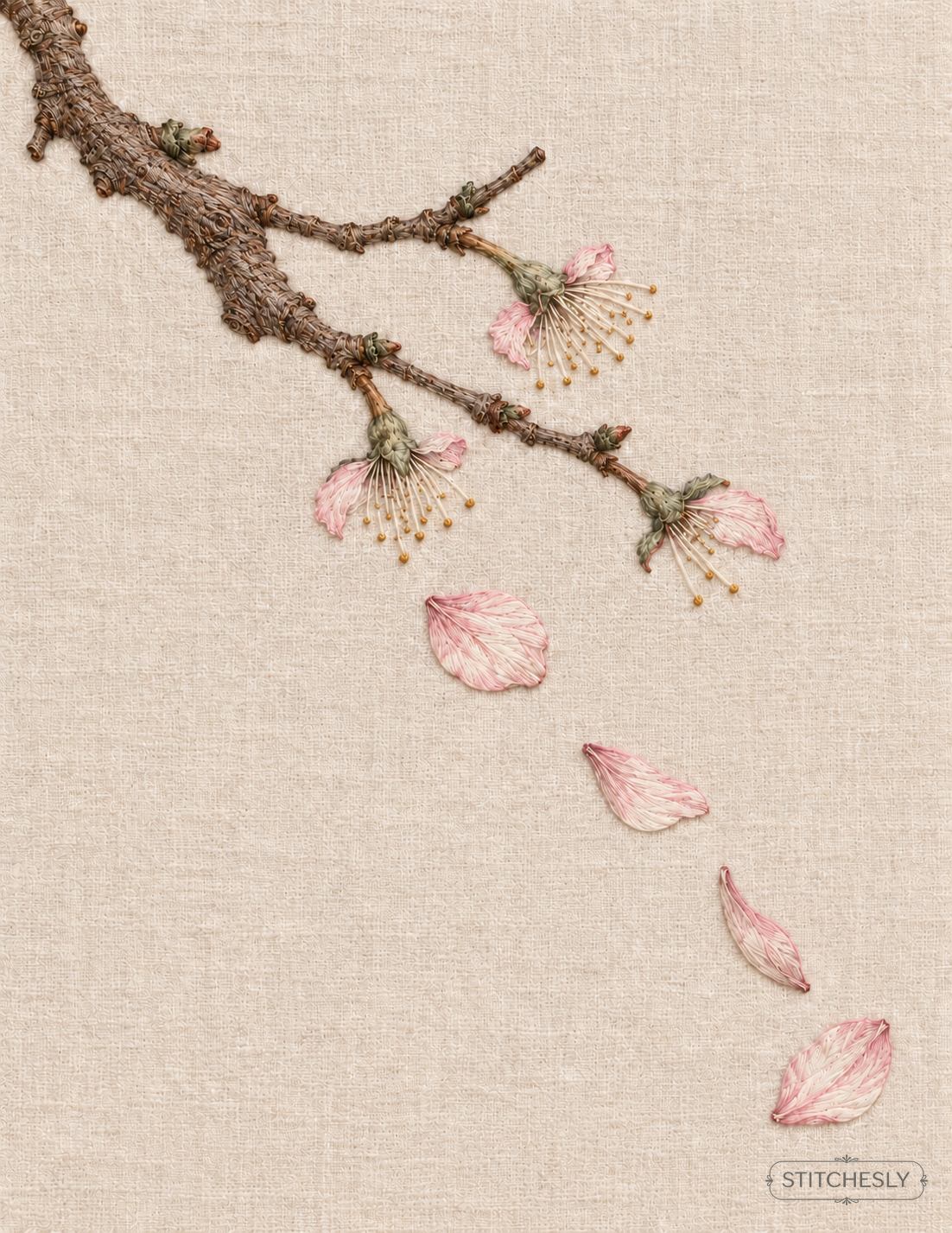 The Orchard Between Stitches, Study 31, Four Petals in the Air: illustrated embroidery interpretation showing thread texture, stitch direction and the matching botanical composition.