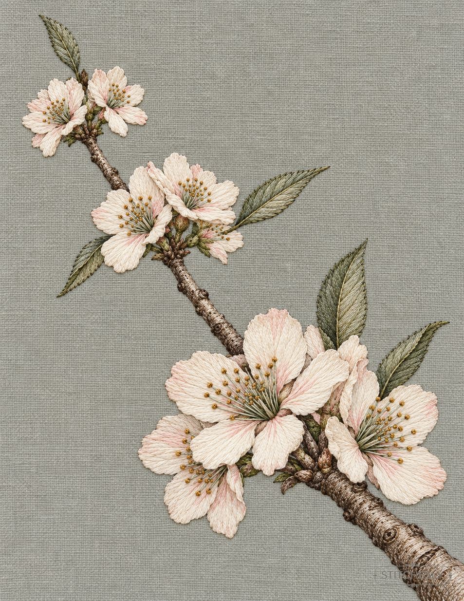 The Orchard Between Stitches, Study 36, A Short Branch in Depth: illustrated embroidery interpretation showing thread texture, stitch direction and the matching botanical composition.