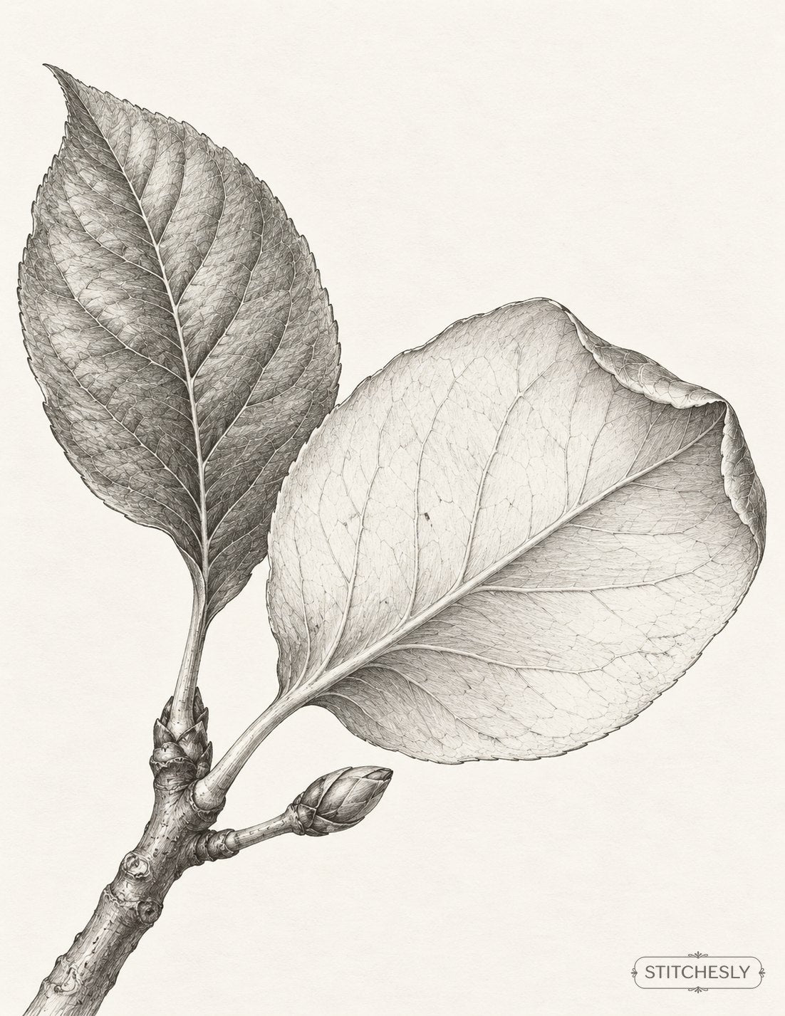 The Orchard Between Stitches, Study 44, The Broad Reverse: botanical drawing with the complete branch composition.